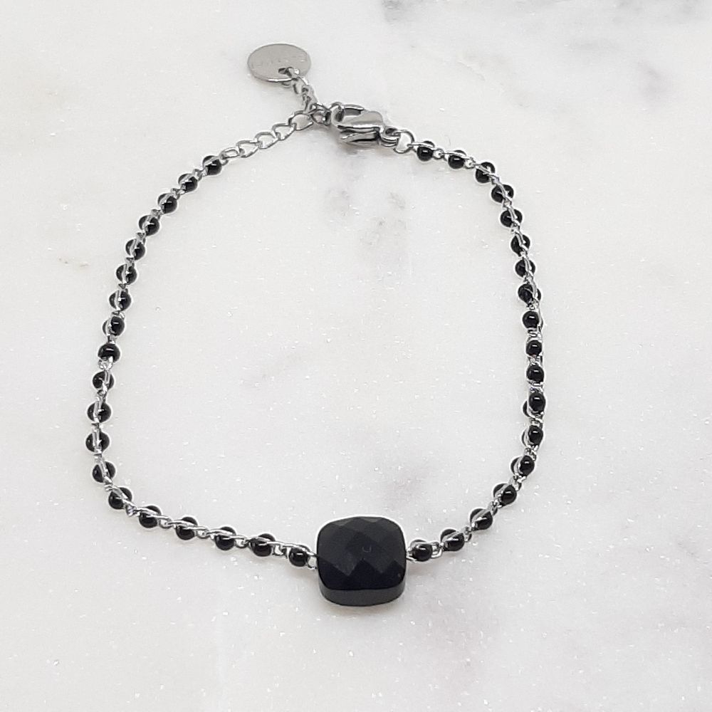 Bracelet argenté avec perles noires, acier inoxydable