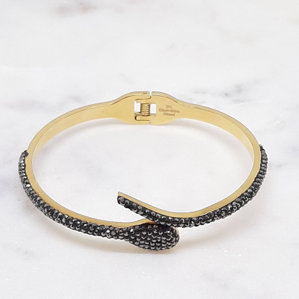 Bracelet serpent doré et diamants noirs, acier inoxydable